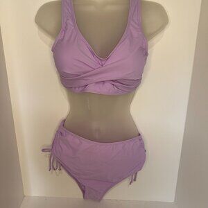 Women's Twist Front High Waisted Bikini Swimsuit Drawstring Lilac, Sz Small
